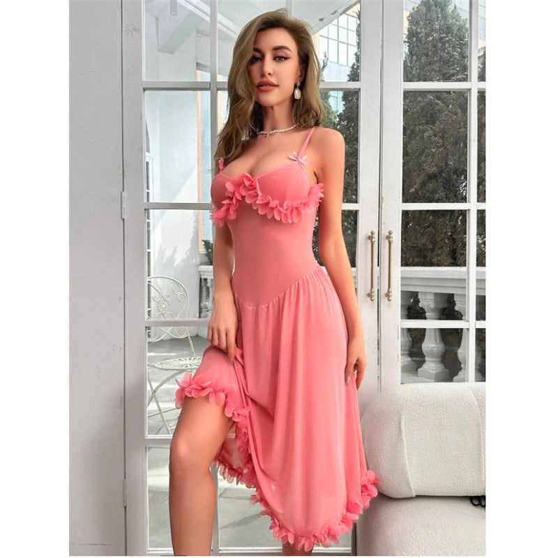 Women Fashion Sexy Solid Color Lace Mesh Semi-Transparent Pajamas Set