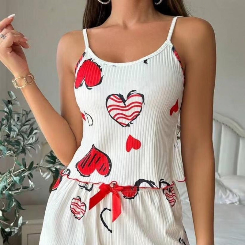 Women Fashion Cute Printed Camisole Loose Shorts Pajamas Two-Piece Set