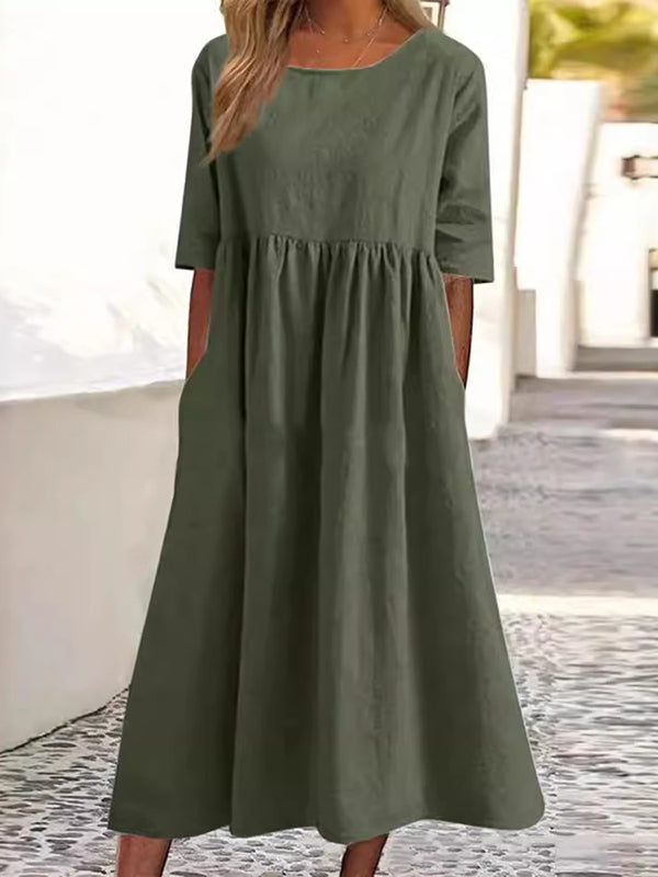 A-Line Half Sleeves Pleated Pockets Solid Color Round-Neck Midi Dresses