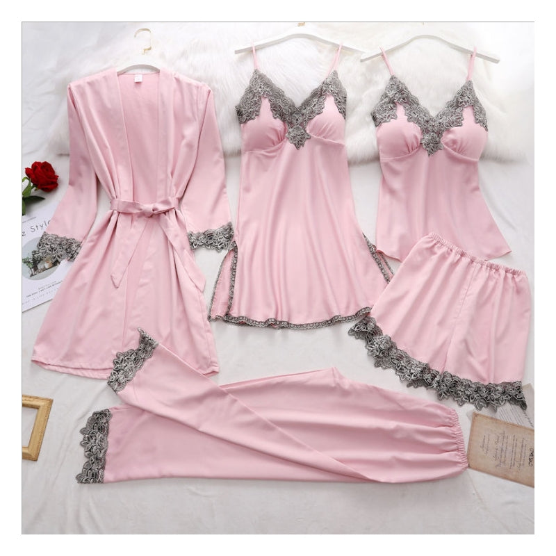 Women Elegant Edgy Color Blocking Casual Satin Sleeveless Camisole And Shorts Pajamas Five Pieces Set