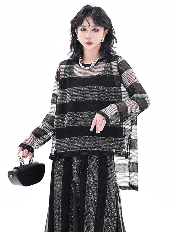 Striped Contrasting Color Elastic Round-Neck  Long-Sleeved See-Through Blouses&Shirts Tops+ Skirt Bottom Two Pieces Set