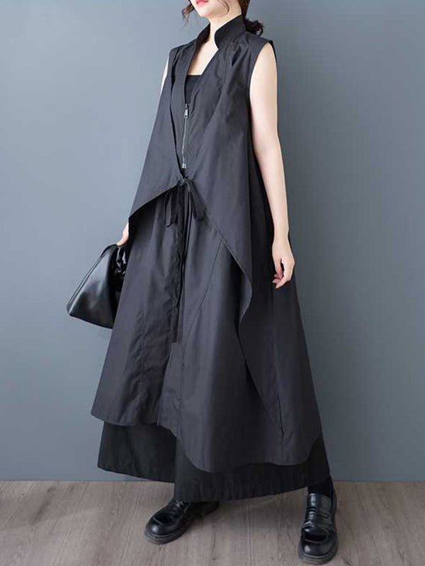 A-Line Loose Pockets Solid Color Tied Zipper V-Neck Midi Dresses Shirt Dress