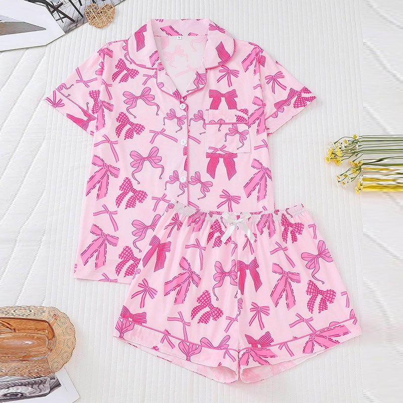 Women Pink Bow Print Lapel Short Sleeve Shorts Pajamas