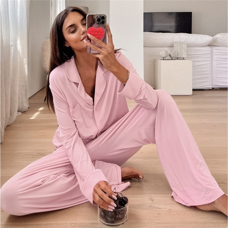 Women Fashion Casual Solid Color Lapel Long Sleeve Blouse Loose Pants Pajamas Two-Piece Set