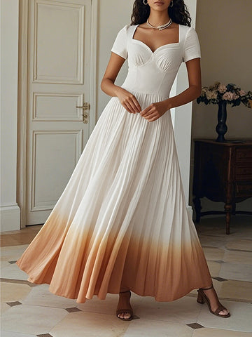 A-Line High Waisted Gradient Pleated Zipper V-Neck Maxi Dresses