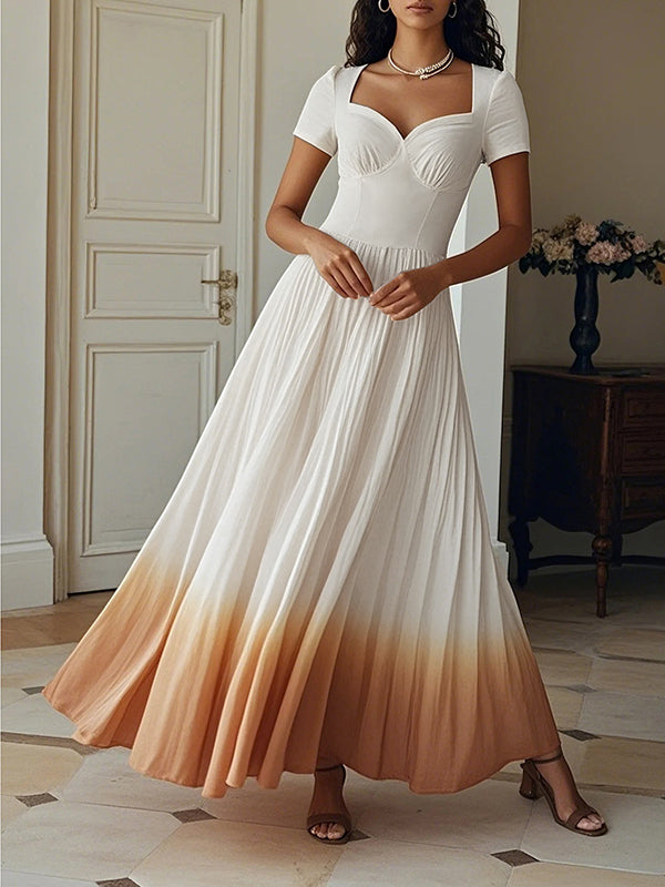A-Line High Waisted Gradient Pleated Zipper V-Neck Maxi Dresses
