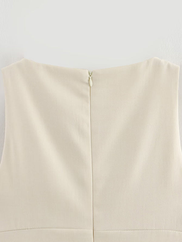 A-Line Loose Pleated Solid Color Split-Joint Zipper Round-Neck Mini Dresses