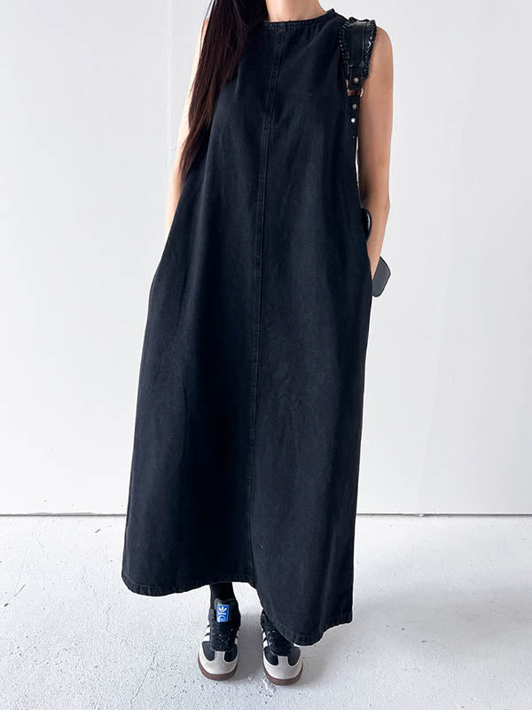 A-Line Loose Pockets Solid Color Tied Round-Neck Maxi Dresses