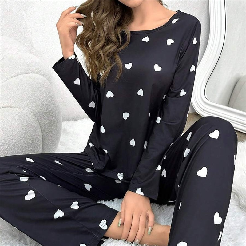 Women Casual Heart Print Pajamas Longewear Two-Piece Set