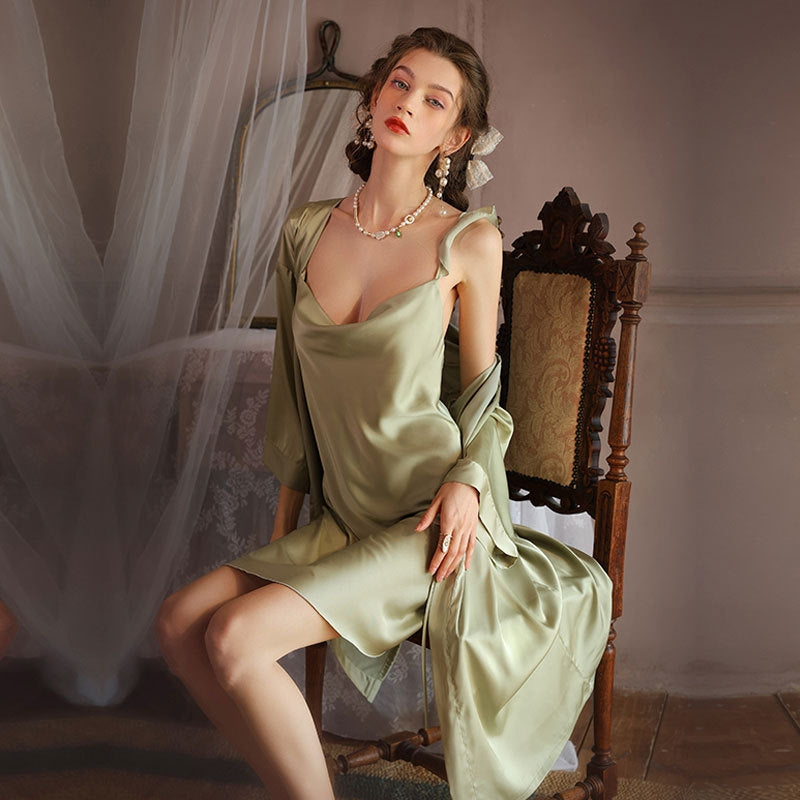 Women Sexy Solid Color Nightdress And Robe Pajamas Two-Piece Set