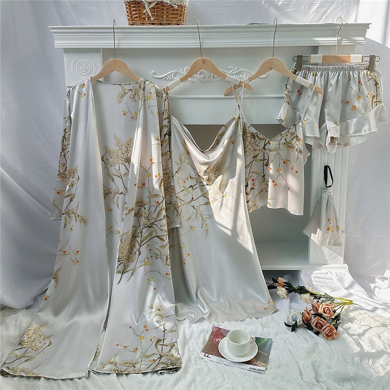 Women Fashion Sexy Printed Camisole Shorts Dress Coat Bag Pajamas Five-Piece Set