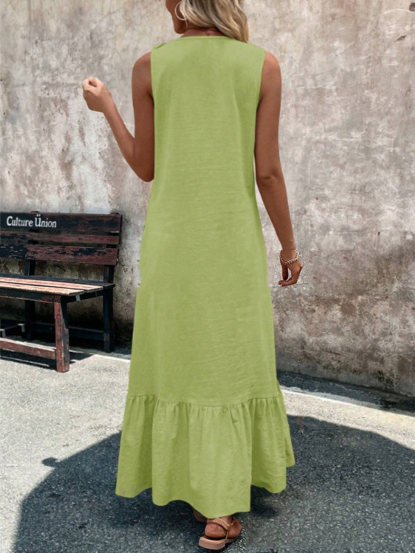 A-Line Loose Pleated Ruffle Trim Solid Color V-Neck Maxi Dresses