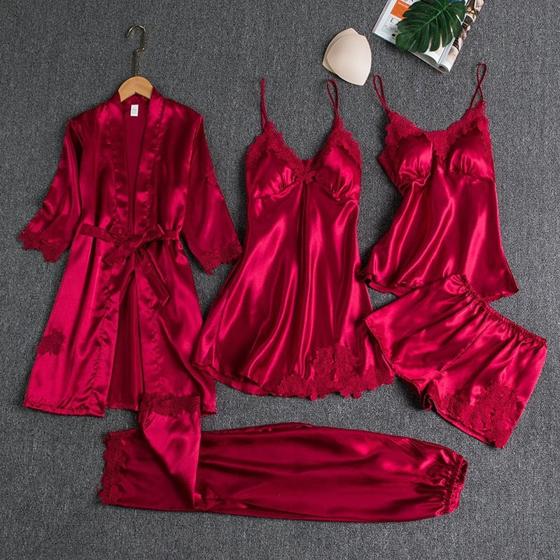 Women Summer Ice Silk Sexy Solid Color Lace Long Sleeve Nightgown Five-Piece Set