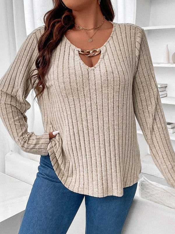 Long Sleeves Loose Solid Color V-Neck T-Shirts Tops