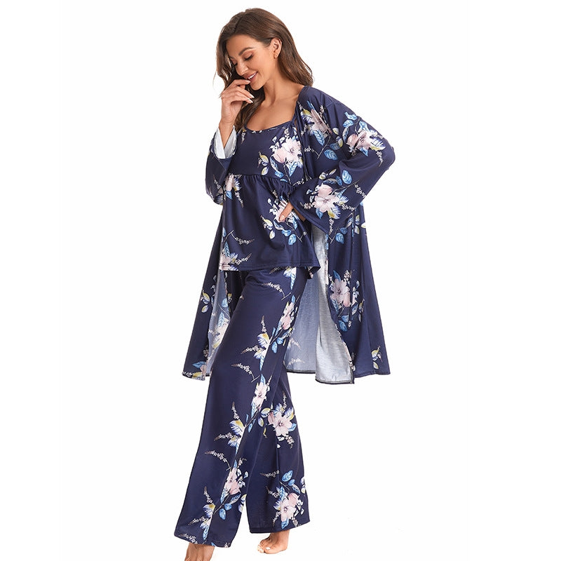 Women Fashion Casual Printed Camisole Loose Pants Long-Sleeve Coat Pajamas Three-Piece Set