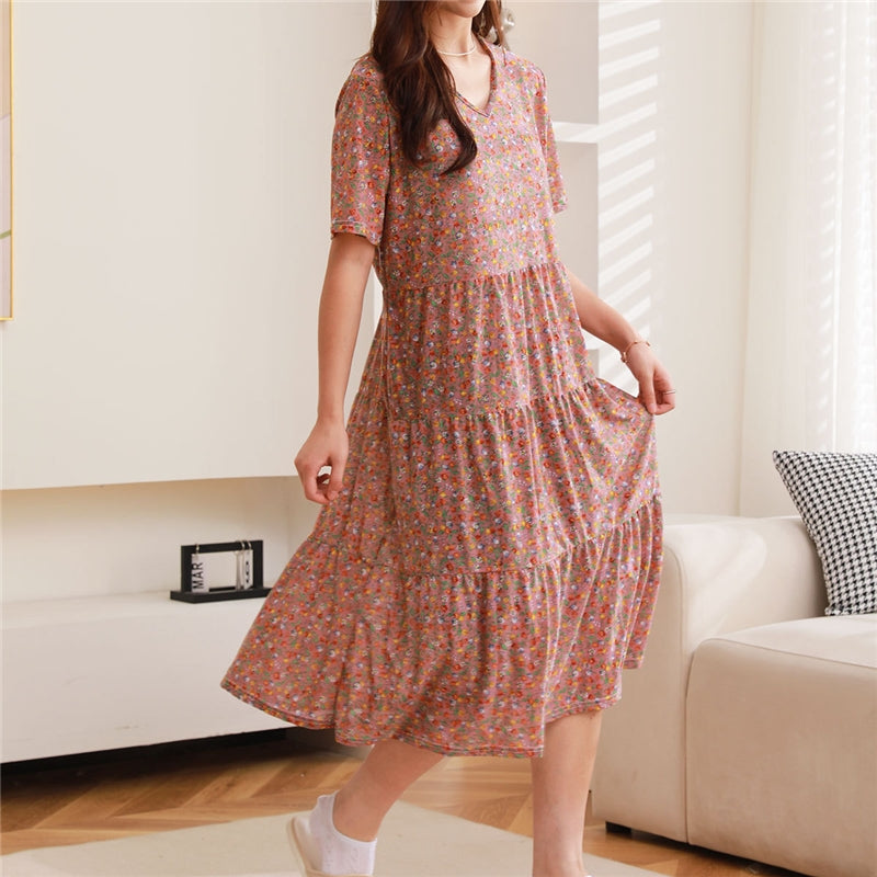 Women Fashion Casual Floral Printed Short Sleeve Loose Dress Pajamas