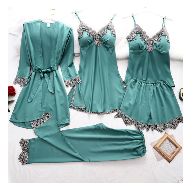 Women Elegant Edgy Color Blocking Casual Satin Sleeveless Camisole And Shorts Pajamas Five Pieces Set