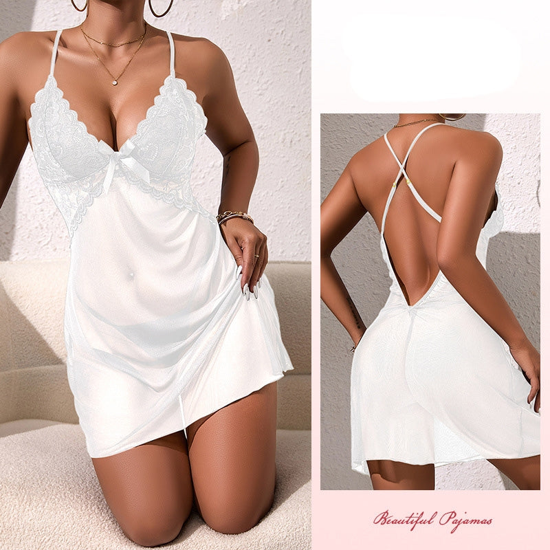 Women Fashion Sexy Solid Color Lace Mesh Deep V Backless Pajamas