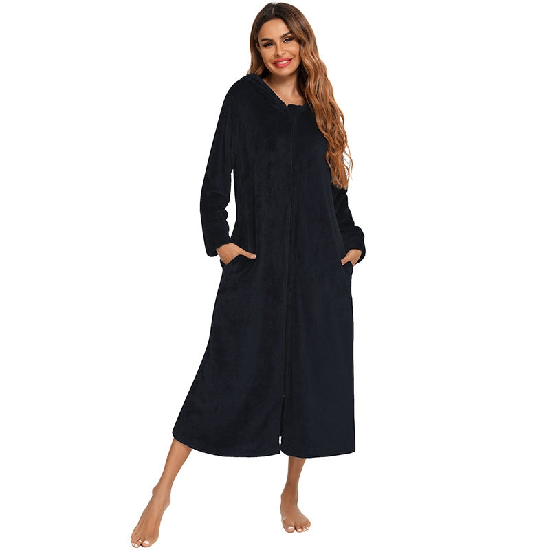 Winter Women Fashion Solid Color Zipper Long Sleeve Flannel Pajamas