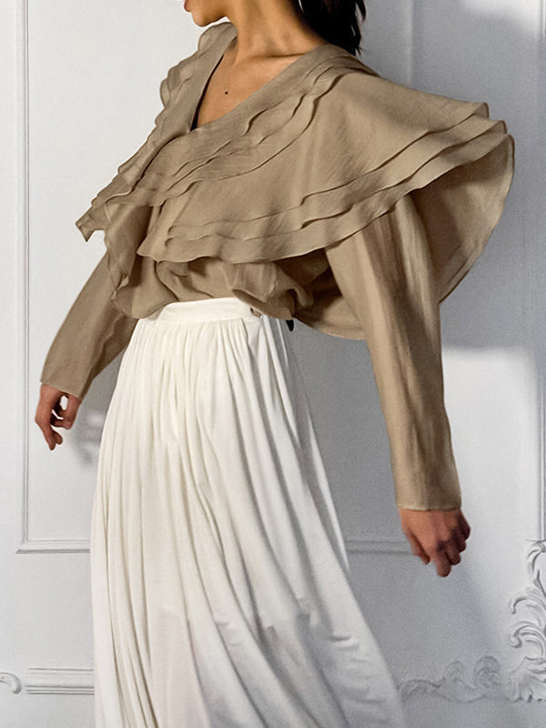 Long Sleeves Backless Ruffled Solid Color V-Neck Blouses&Shirts Tops