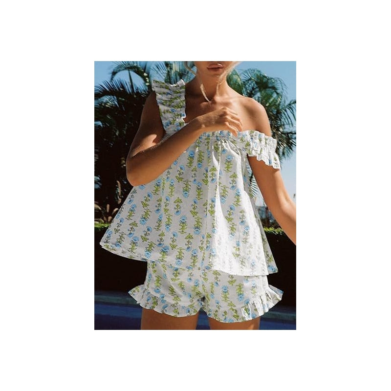 Women Fashion Casual Breathable Floral Printed Sleeveless Top Loose Shorts Pajamas Two-Piece Set