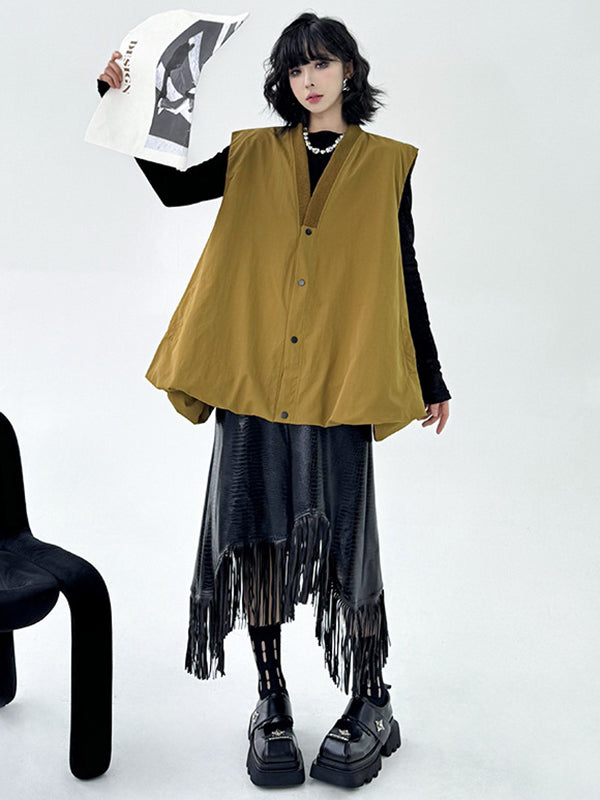 A-Line Hipster Buttoned Solid Color V-Neck Vest Top