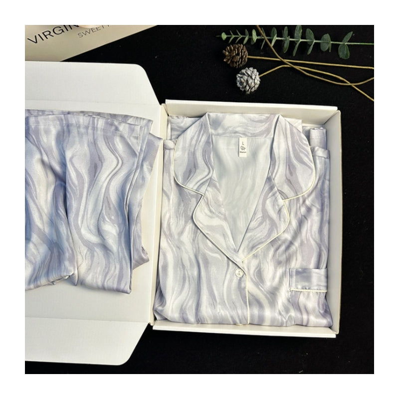Women Fashion Elegant Gradient Ice Silk Lapel Long Sleeve Top Thin Pants Pajamas Set