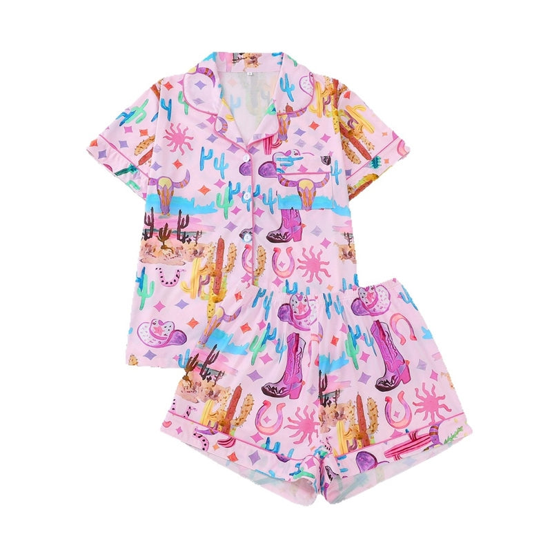Women Multicolor Printed Lapel Loose Short Sleeve Shorts Pajamas