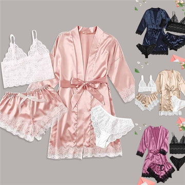 Sexy Women Lace Splicing Straps Long Sleeves Home Pajamas Four-Piece Set