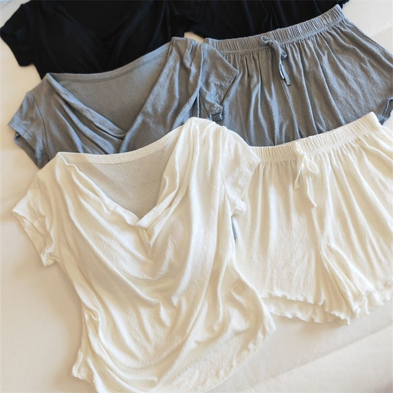 Women Fashion Casual Solid Color Cotton Short-Sleeved T-Shirt Loose Shorts Pajamas Two-Piece Set