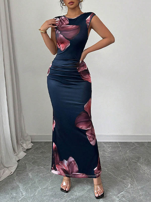 Bodycon Sleeveless Contrast Color Flower Print Round-Neck Maxi Dresses