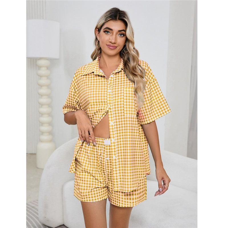 Women Fashion Casual Plaid Printed Lapel Short-Sleeve Blouse High Waist Loose Shorts Pajamas Two-Piece Set