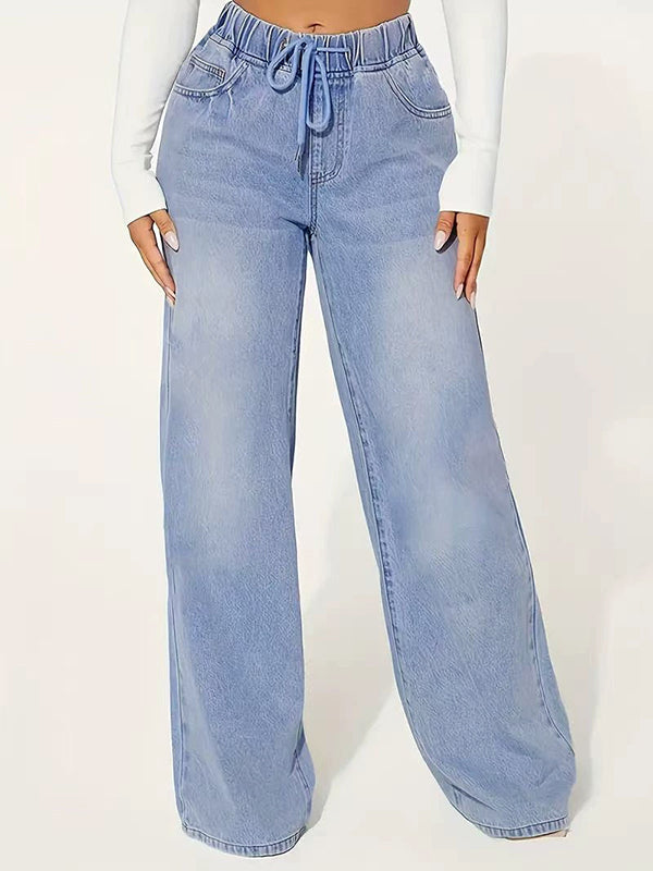 High Waisted Loose Drawstring Elasticity Split-Joint Jean Pants Bottoms