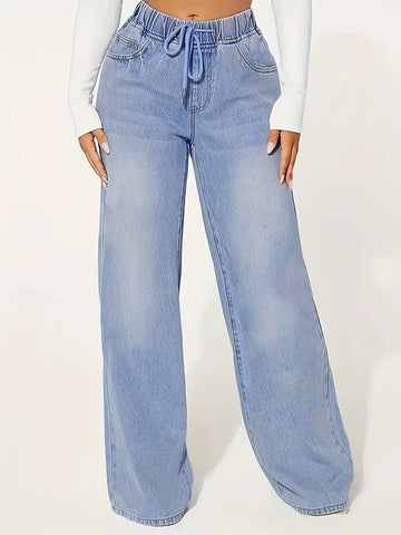 High Waisted Loose Drawstring Elasticity Split-Joint Jean Pants Bottoms