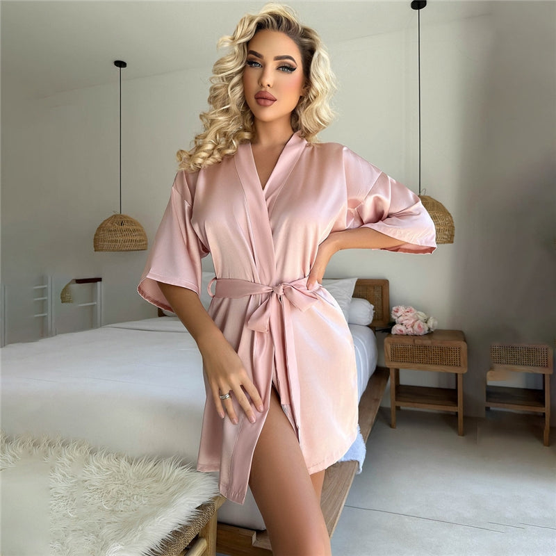 Women Fashion Solid Color Silk-Like Mid-Sleeve Lace-Up Loose Pajamas