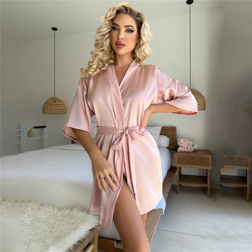 Women Fashion Solid Color Silk-Like Mid-Sleeve Lace-Up Loose Pajamas