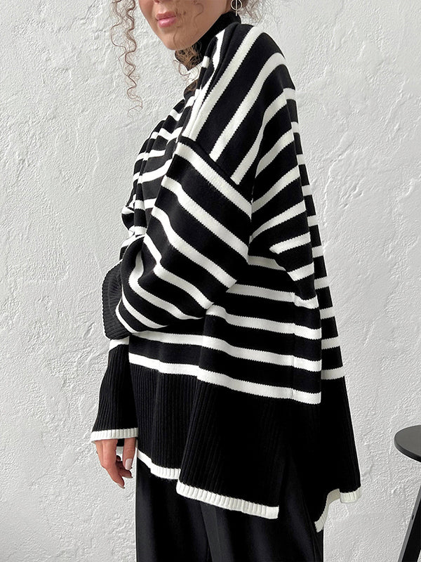 High-Low Long Sleeves Split-Joint Split-Side Striped High Neck Sweater Tops