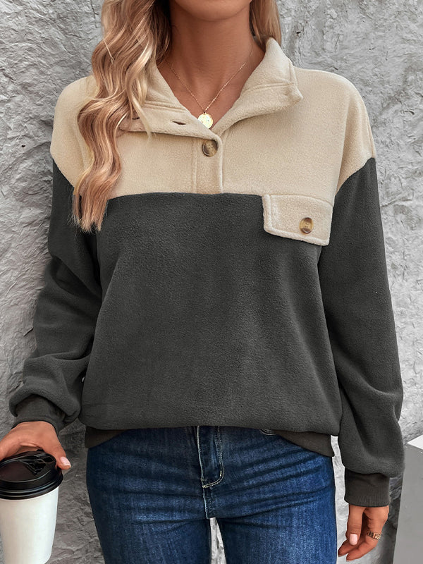 Long Sleeves Loose Buttoned Contrast Color Split-Joint Velvet Stand Collar Sweatshirt Tops