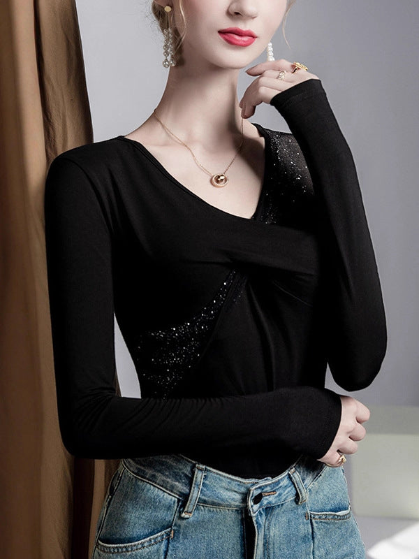 Irregularity Long Sleeves Mesh Slightly Sheer Split-Joint V-Neck T-Shirts