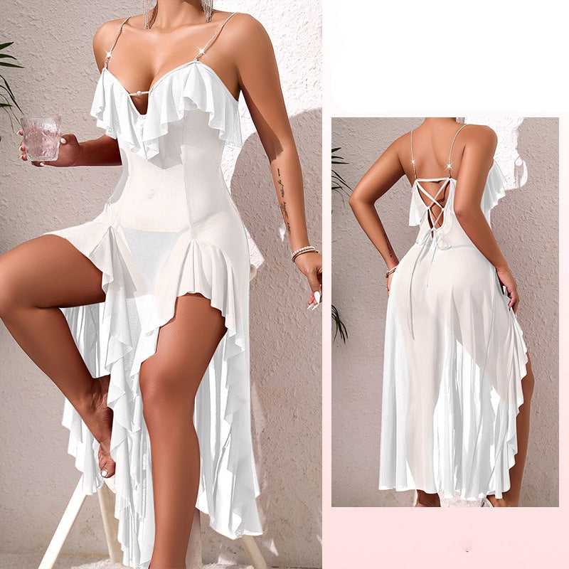 Women Fashion Sexy Solid Color Mesh Perspective Chain Backless Pajamas Set