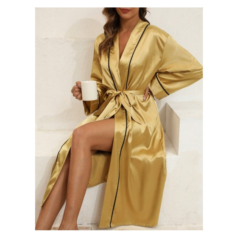 Women Fashion Casual Solid Color Ice Silk Long-Sleeve Lace-Up Pajamas