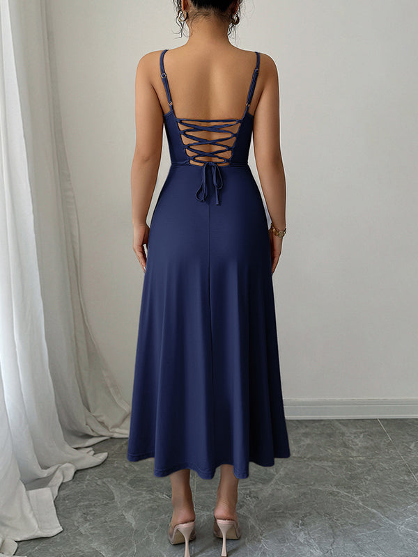 A-Line High Waisted Backless Pleated Solid Color Spaghetti-Neck Midi Dresses