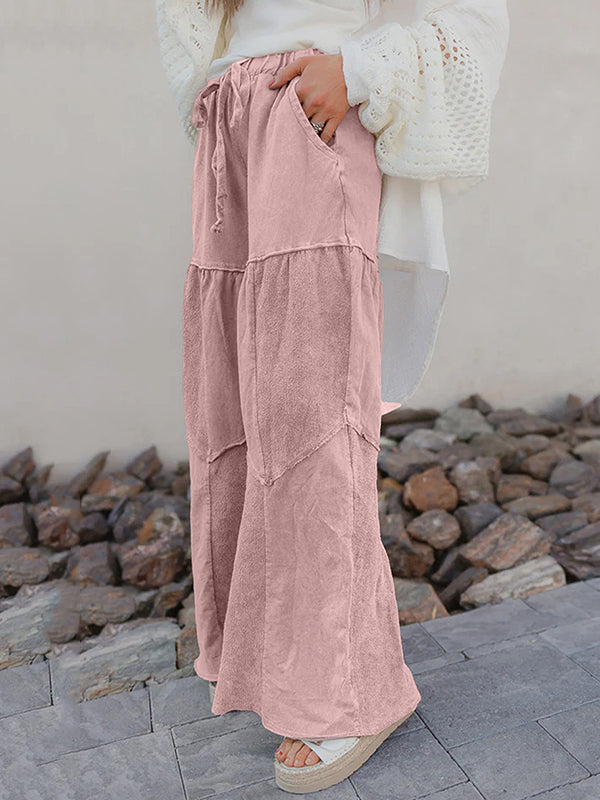 High Waisted Loose Drawstring Pleated Pockets Solid Color Split-Joint Pants Trousers