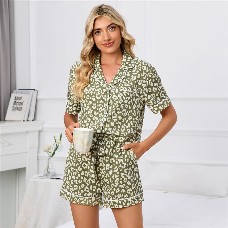 Women Fashion Casual Printed Lapel Short-Sleeve Blouse Loose Shorts Pajamas Two-Piece Set