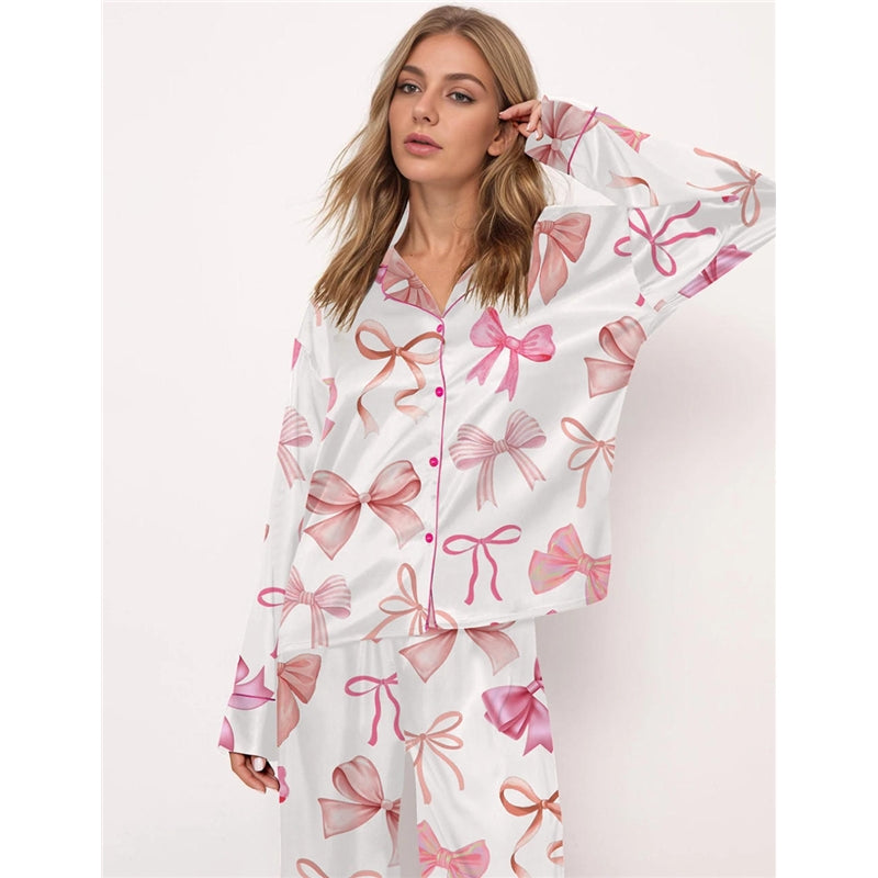 Women Fashion Cute Bowknot Printed Lapel Long Sleeve Top Loose Pants Pajamas Set