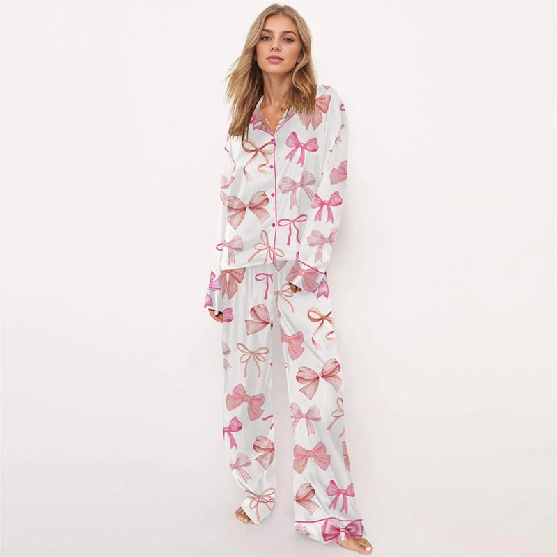 Women Fashion Cute Bowknot Printed Lapel Long Sleeve Top Loose Pants Pajamas Set