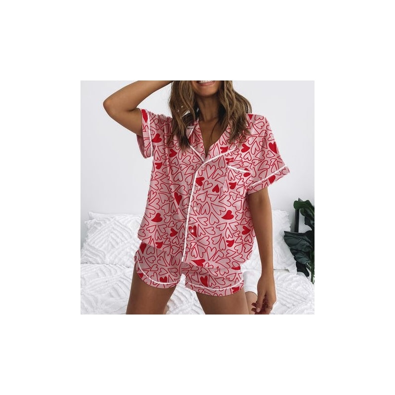 Women Fashion Casual Bowknot Strawberry Printed Lapel Short-Sleeve Top Loose Shorts Pajamas Set