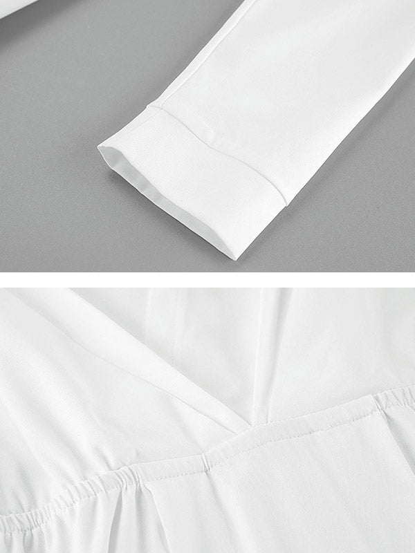 Long Sleeves Loose Pleated Solid Color Split-Joint Tied Waist V-Neck Mini Dresses Shirt Dress