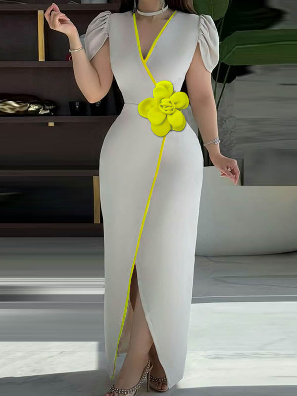 Bodycon Short Sleeves Pleated Solid Color Split-Front Three-Dimensional Flower V-Neck Maxi Dresses