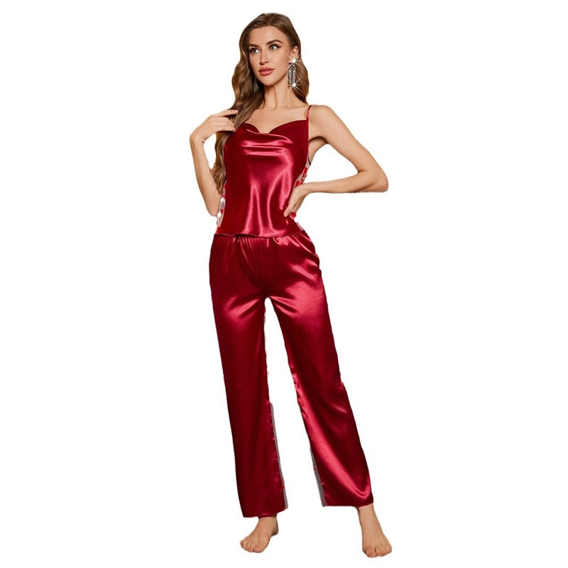 Women Fashion Sexy Stain Mesh Stitching Camisole Loose Pants Pajamas Two-Piece Set